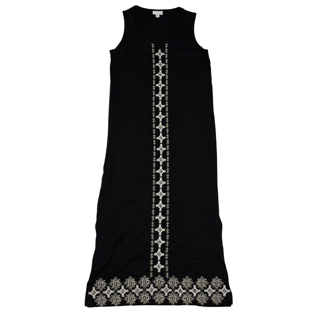 J. Jill Maxi Dress Womens XS Black Embroidered Cotton Sleeveless Boho Minimalist